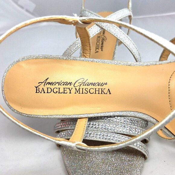American Glamour by Badgley Mischka Silver Rhinestone Strappy Wedge Sandals 8 - Picture 6 of 8